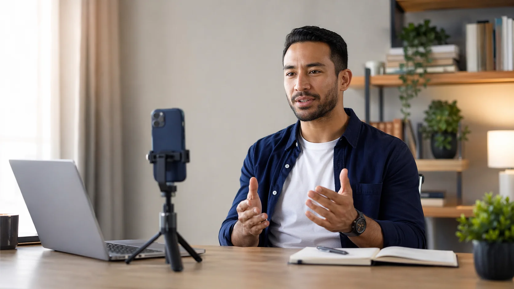 Distribuidor de network marketing grabando contenido con su celular en oficina en casa